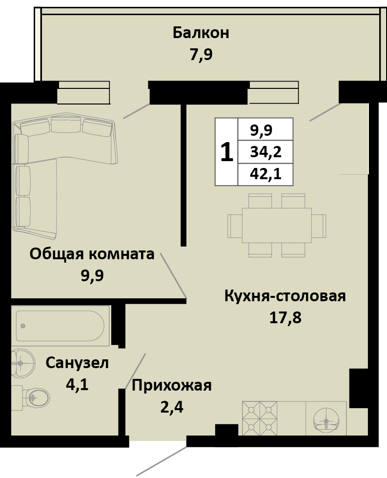 Планировка 1-комнатная 42,1 м²
