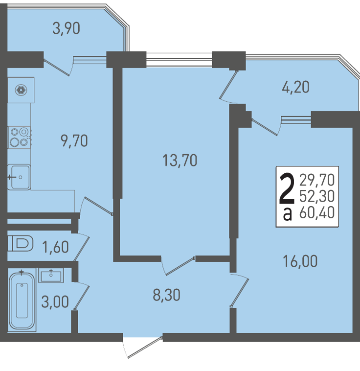 Планировка 2-комнатная 60,4 м²