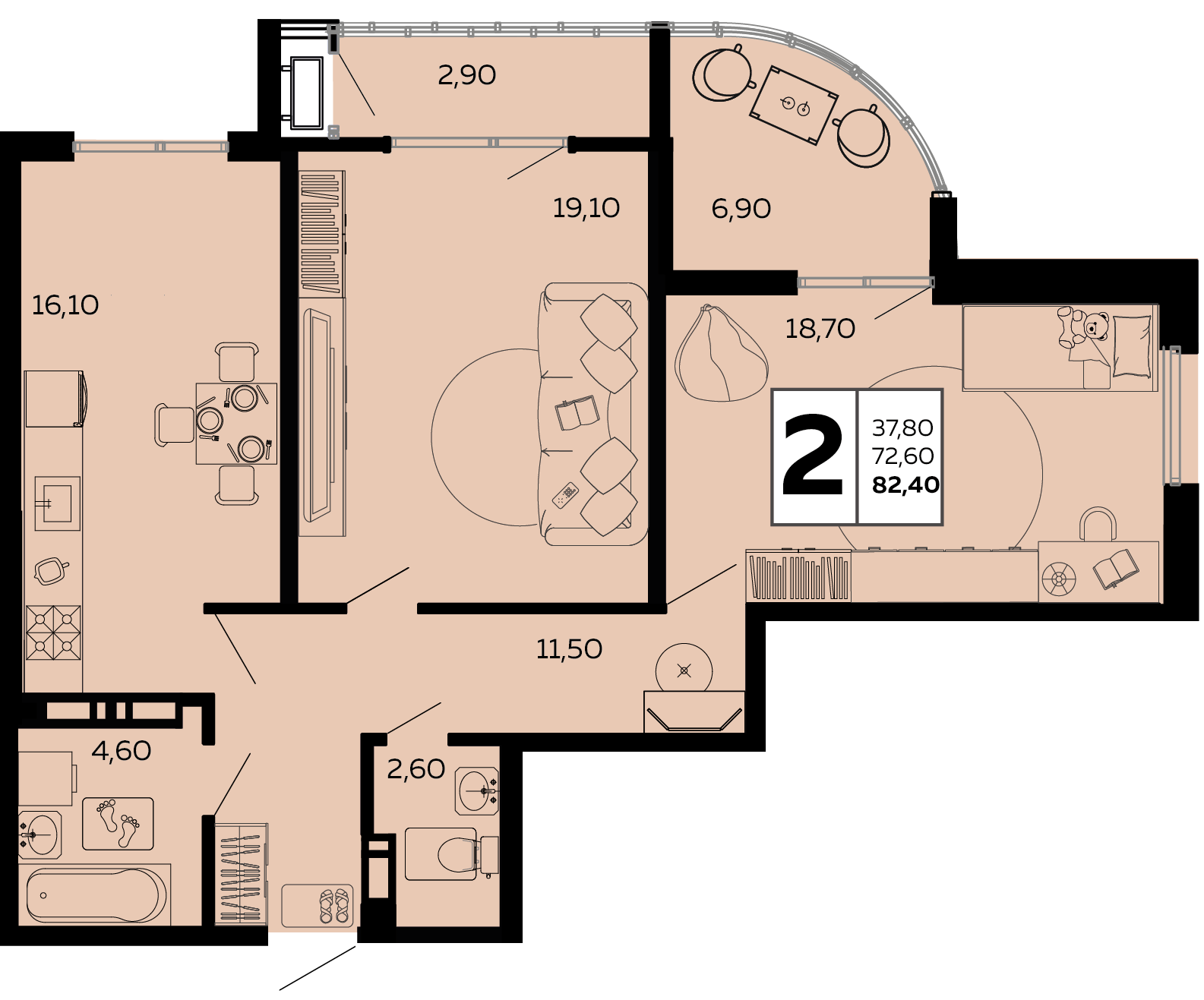 Планировка 2-комнатная 82,4 м²