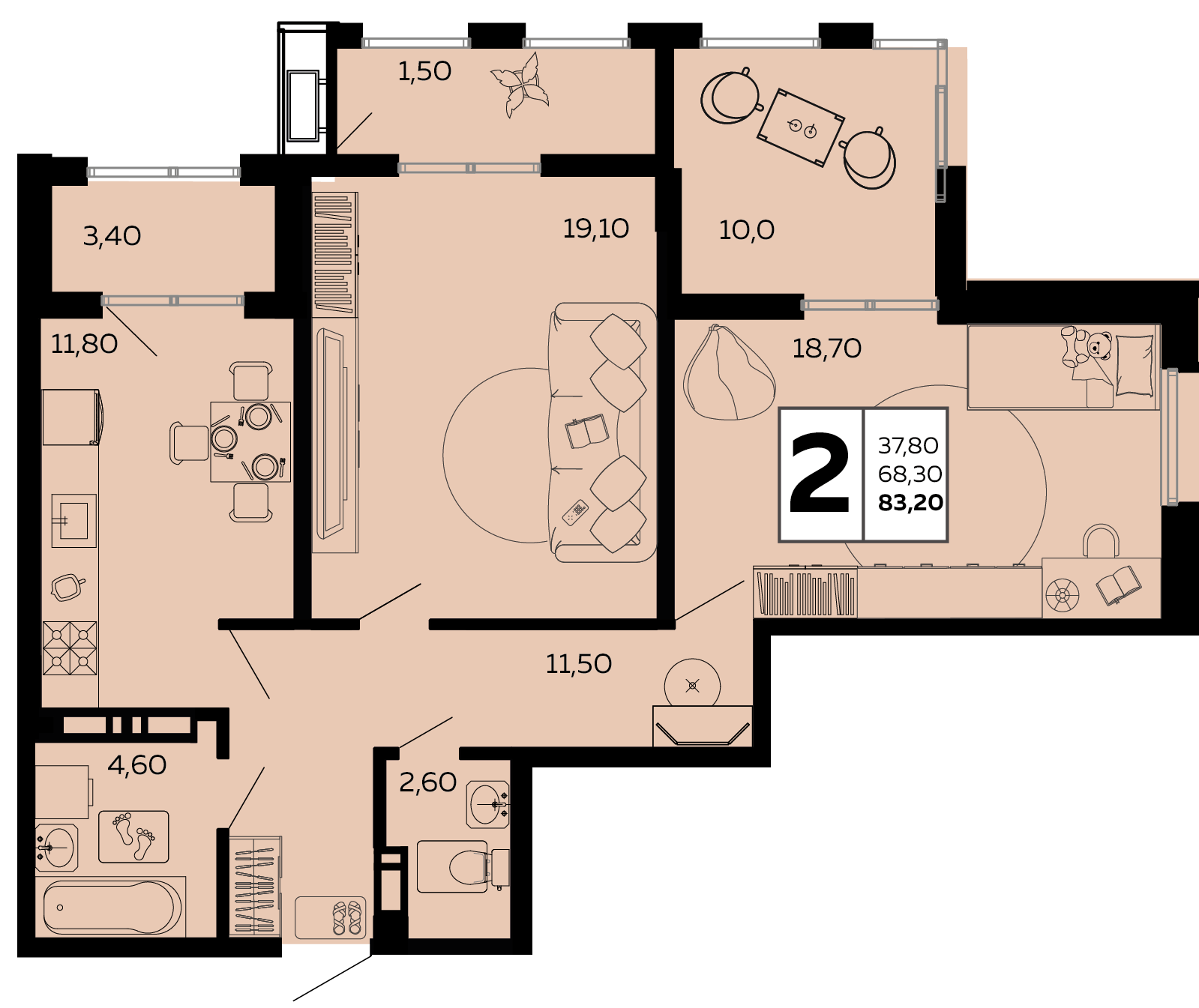 Планировка: 2-комн. квартира 83,2 м²