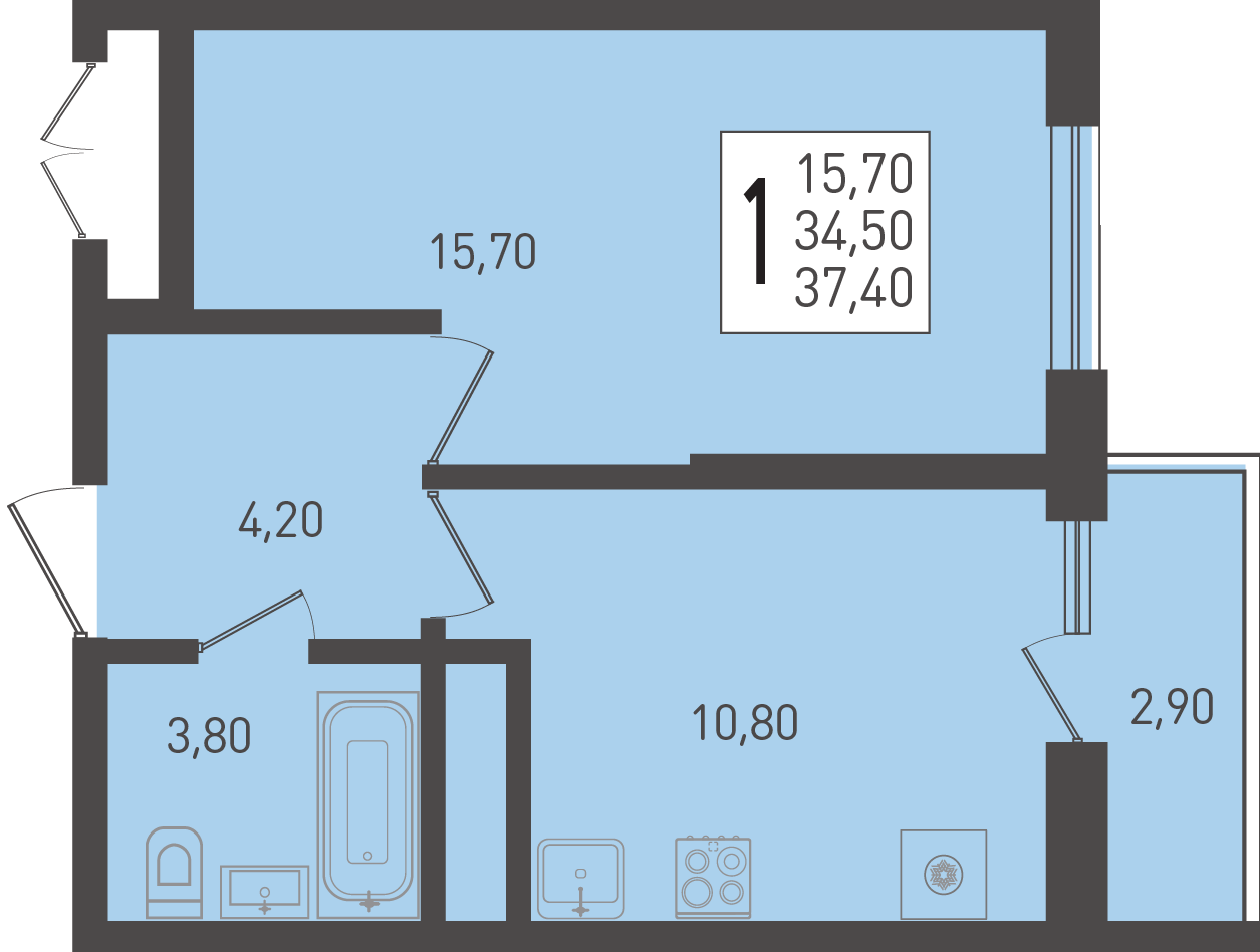 Планировка: 1-комн. квартира 37,4 м²