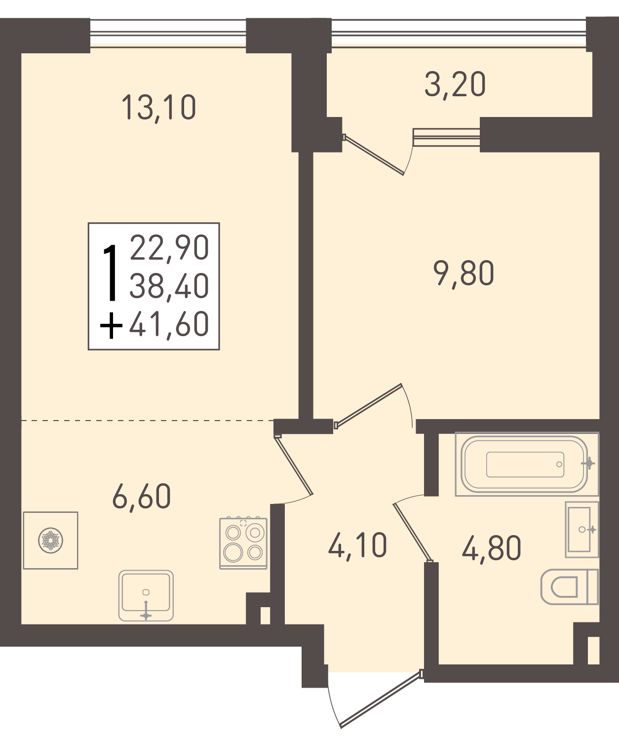 Планировка 2-комнатная 41,6 м²