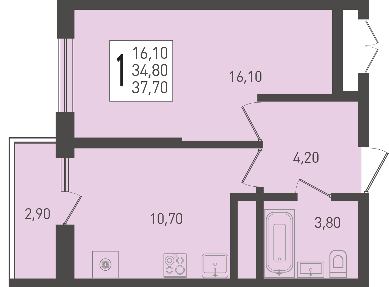 Планировка: 1-комн. квартира 37,7 м²
