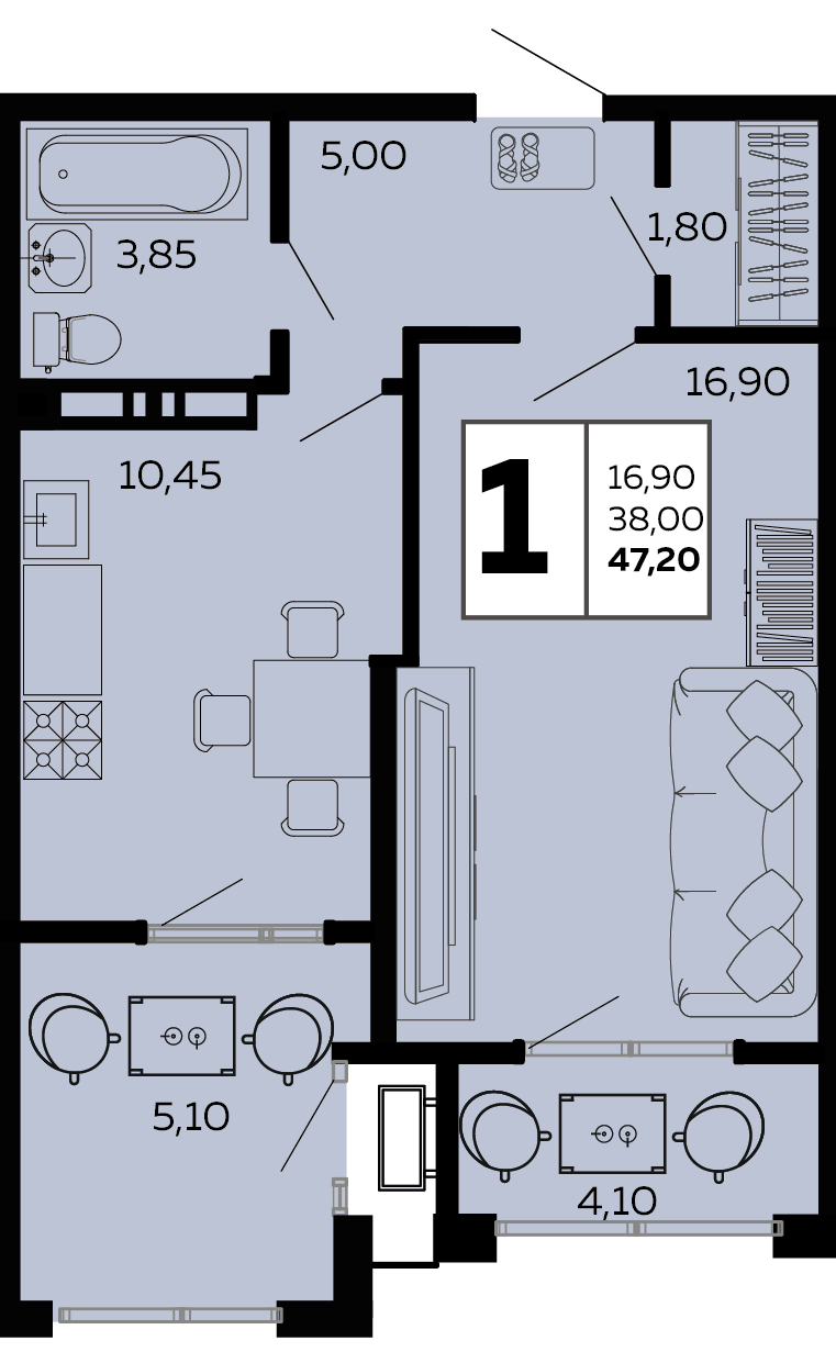Планировка: 1-комн. квартира 47,2 м²