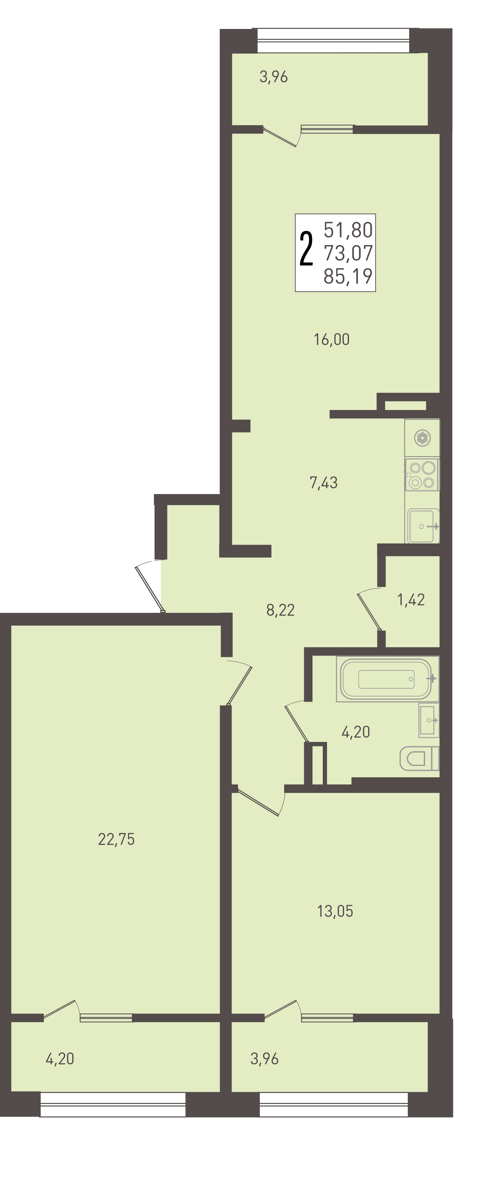 Планировка: 2-комн. квартира 85,2 м²