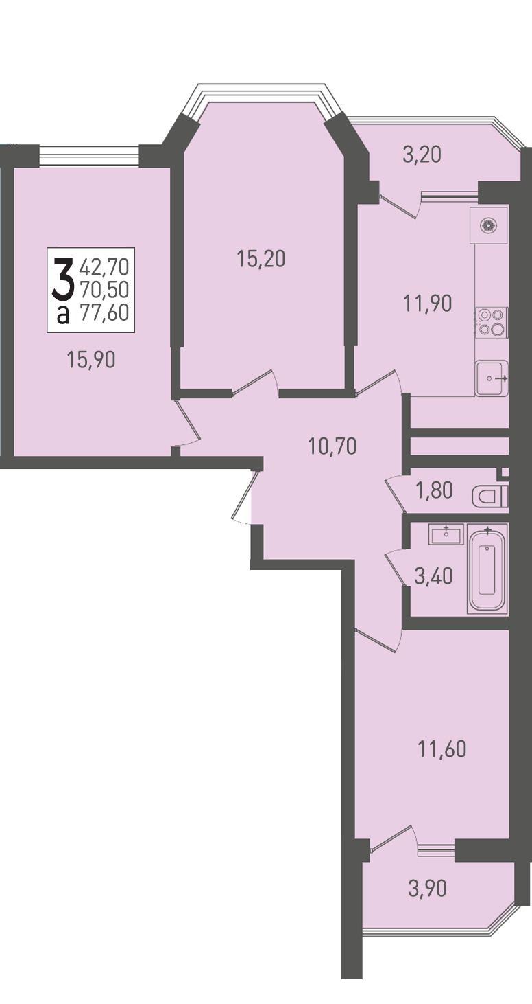 Планировка: 3-комн. квартира 77,6 м²