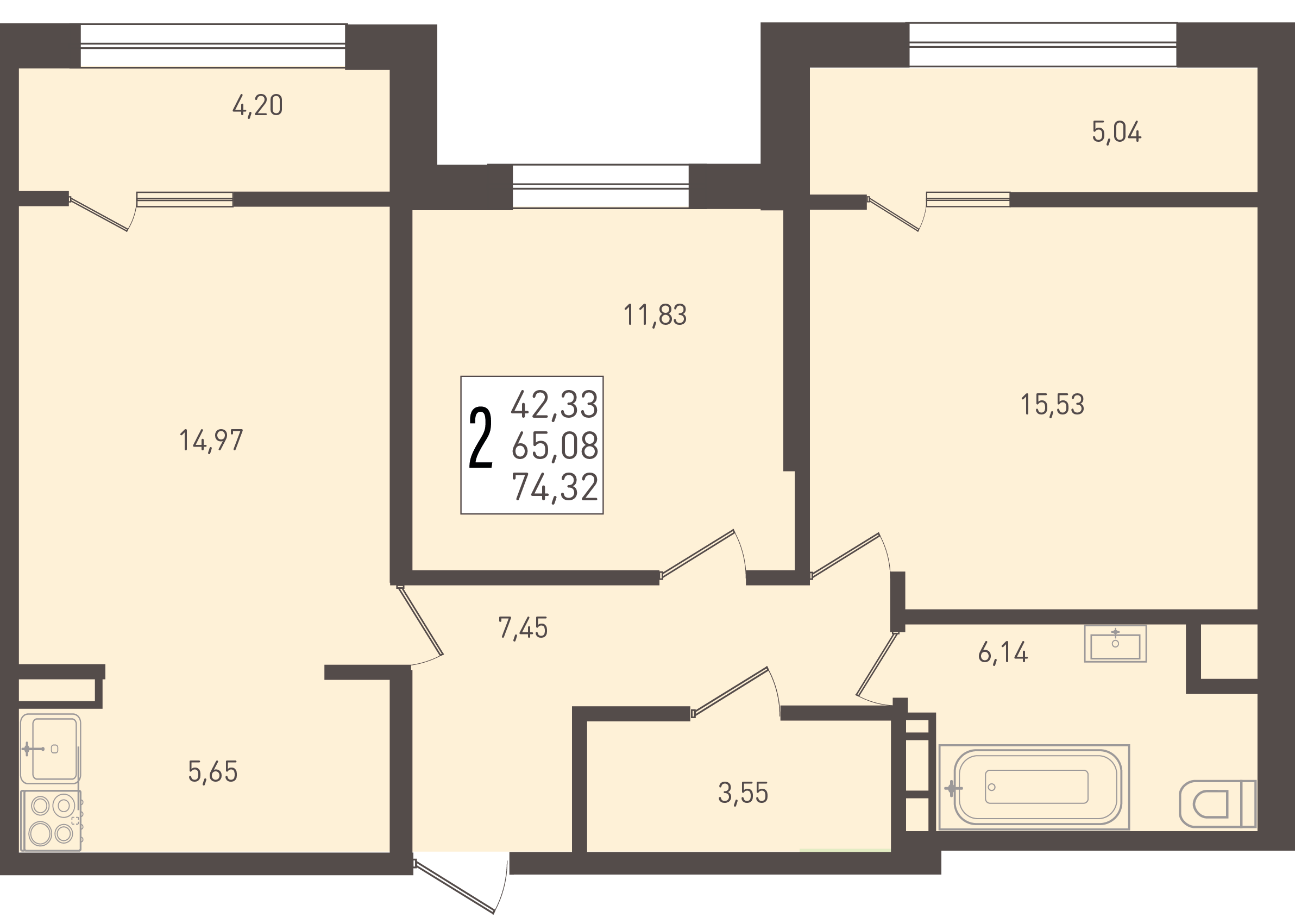 Планировка: 2-комн. квартира 74,3 м²