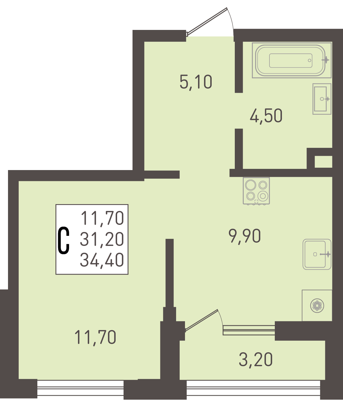 Планировка: Студия 34,4 м²