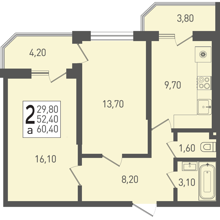Планировка 2-комнатная 60,4 м²
