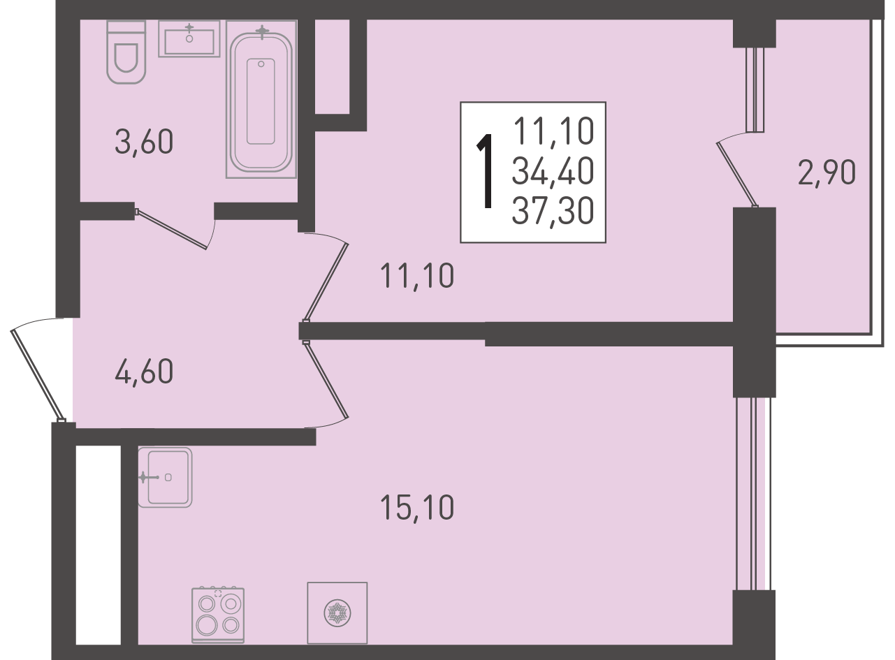 Планировка: 1-комн. квартира 37,3 м²