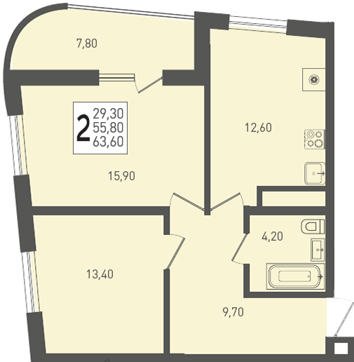 Планировка: 2-комн. квартира 63,6 м²
