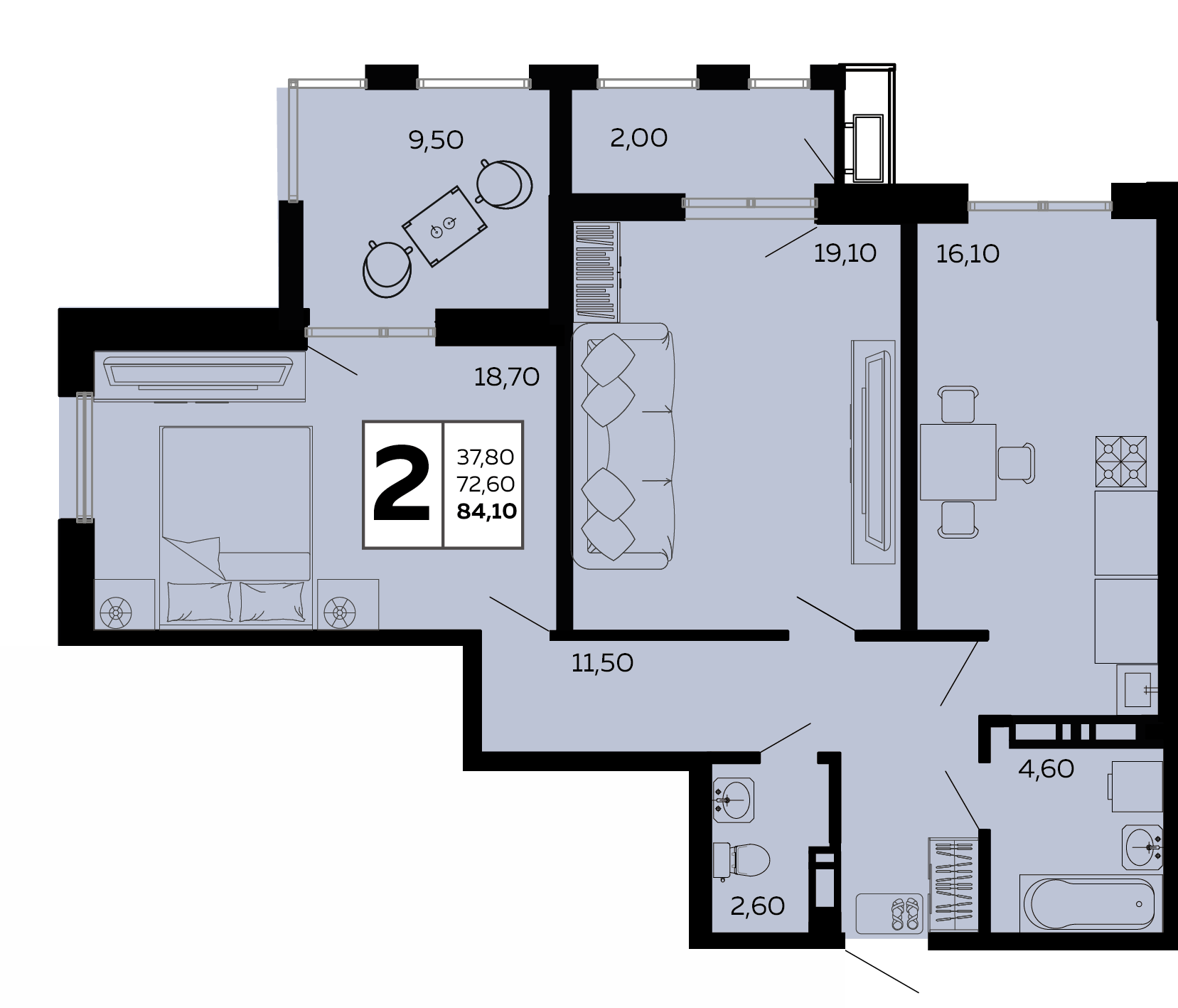 Планировка 2-комнатная 84,1 м²