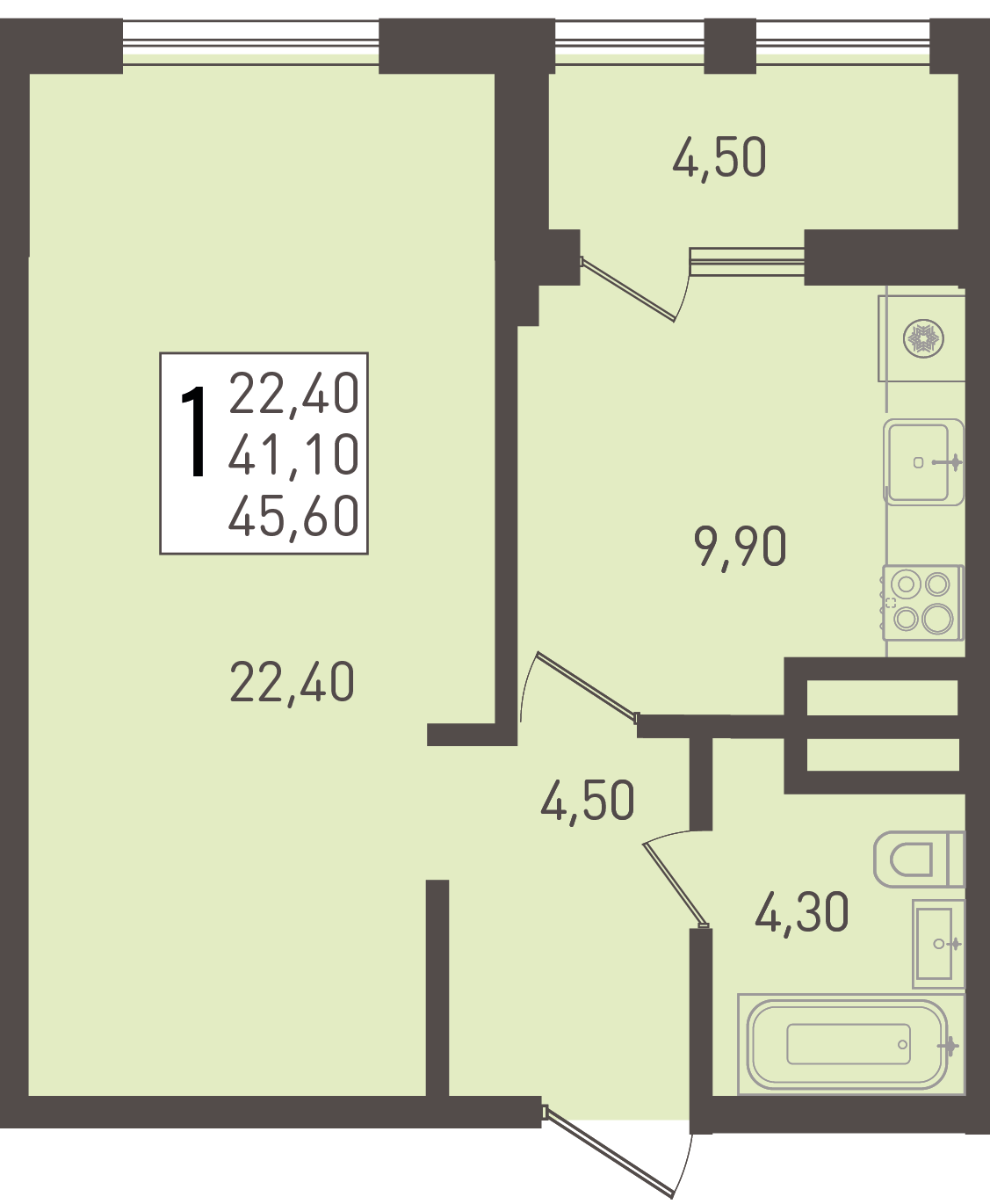Планировка: 1-комн. квартира 45,6 м²