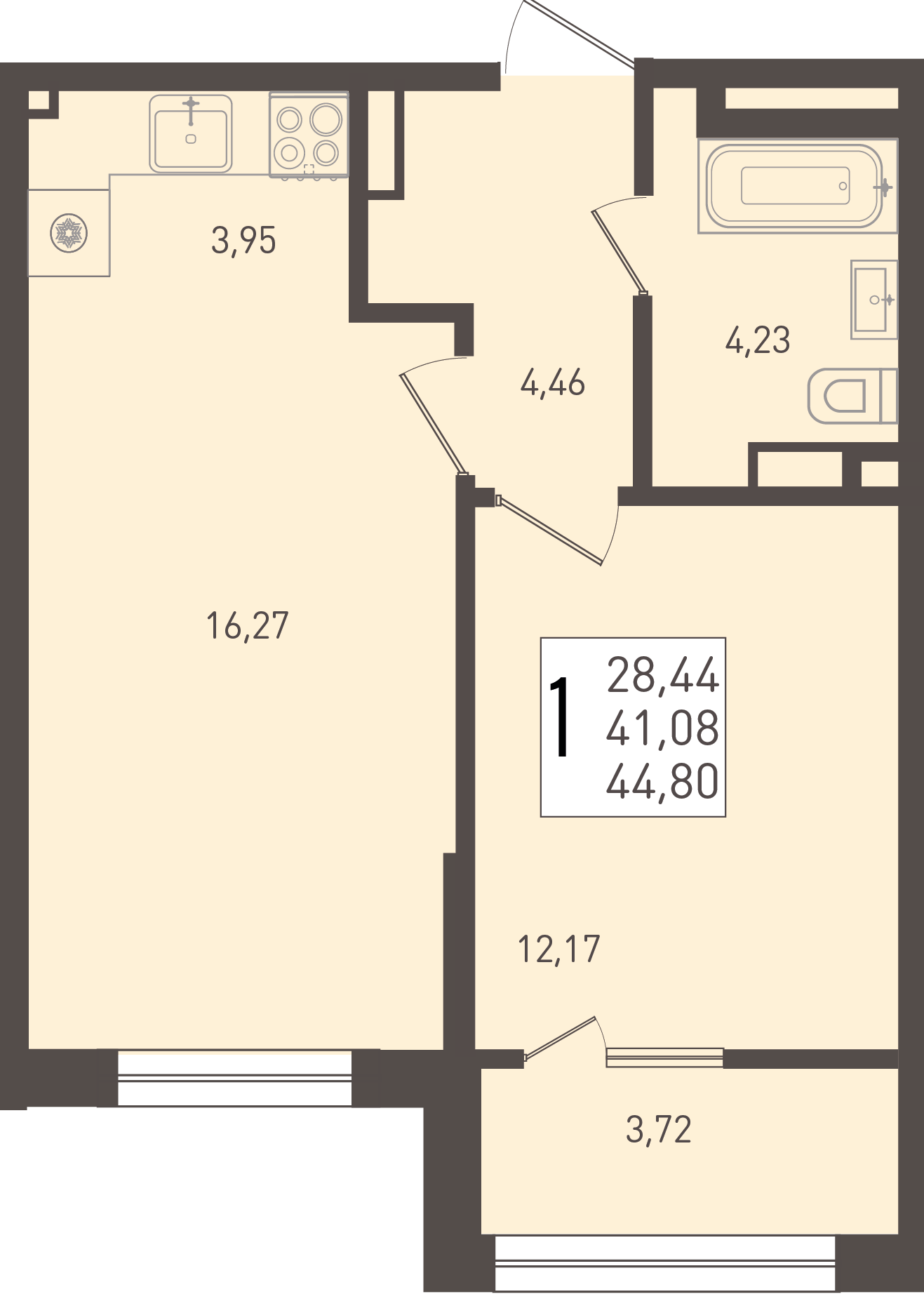 Планировка: 1-комн. квартира 44,8 м²