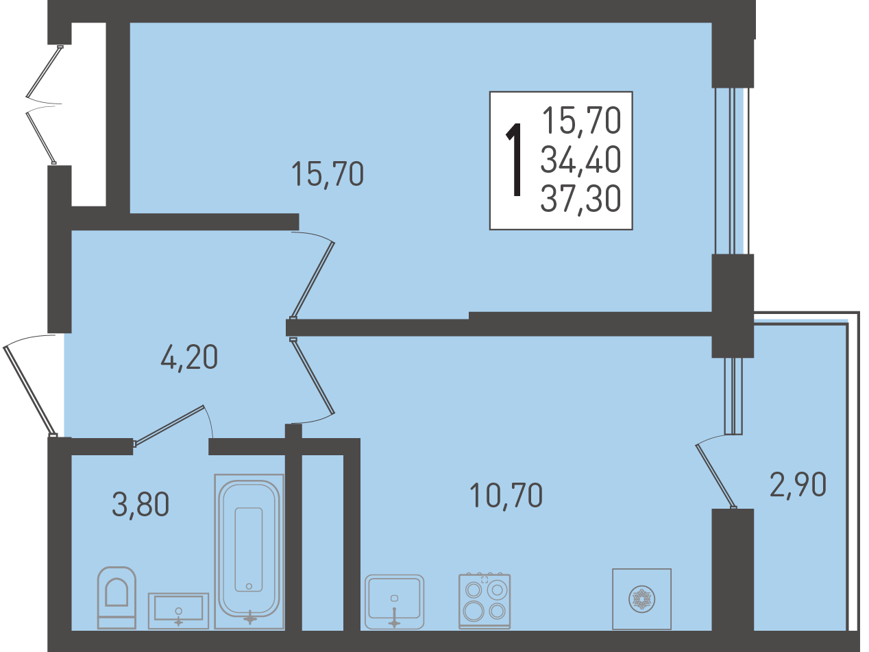 Планировка: 1-комн. квартира 37,3 м²