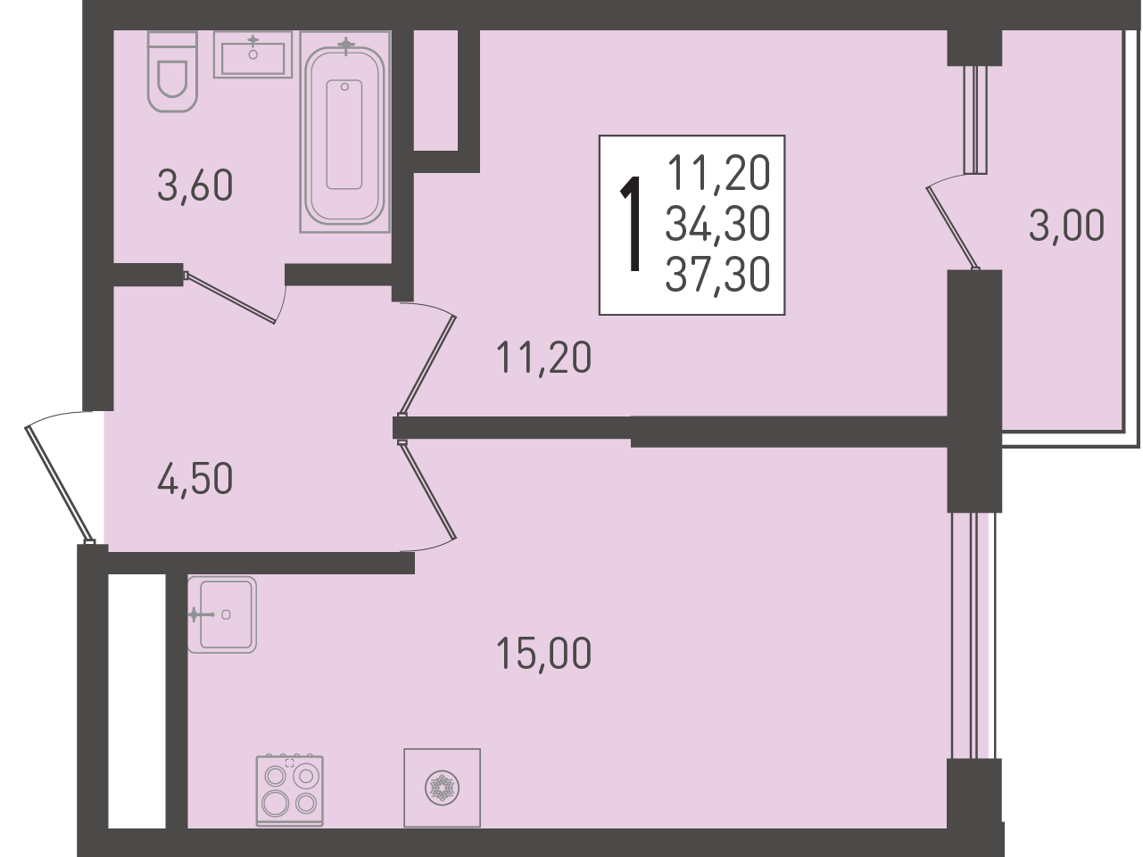 Планировка: 1-комн. квартира 37,3 м²
