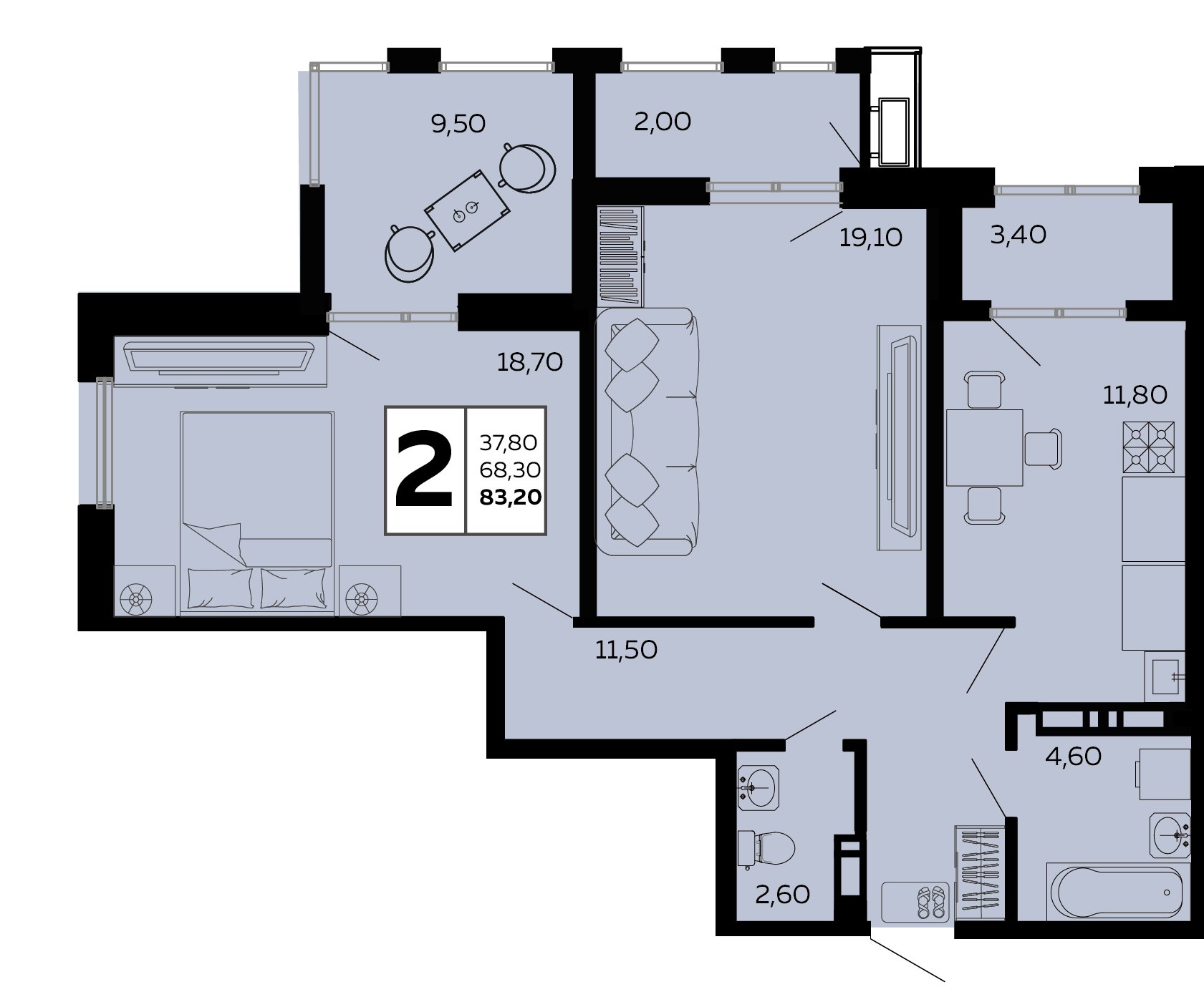 Планировка 2-комнатная 83,2 м²
