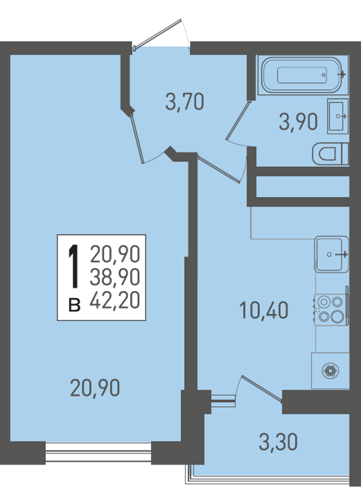 Планировка: 1-комн. квартира 42,2 м²