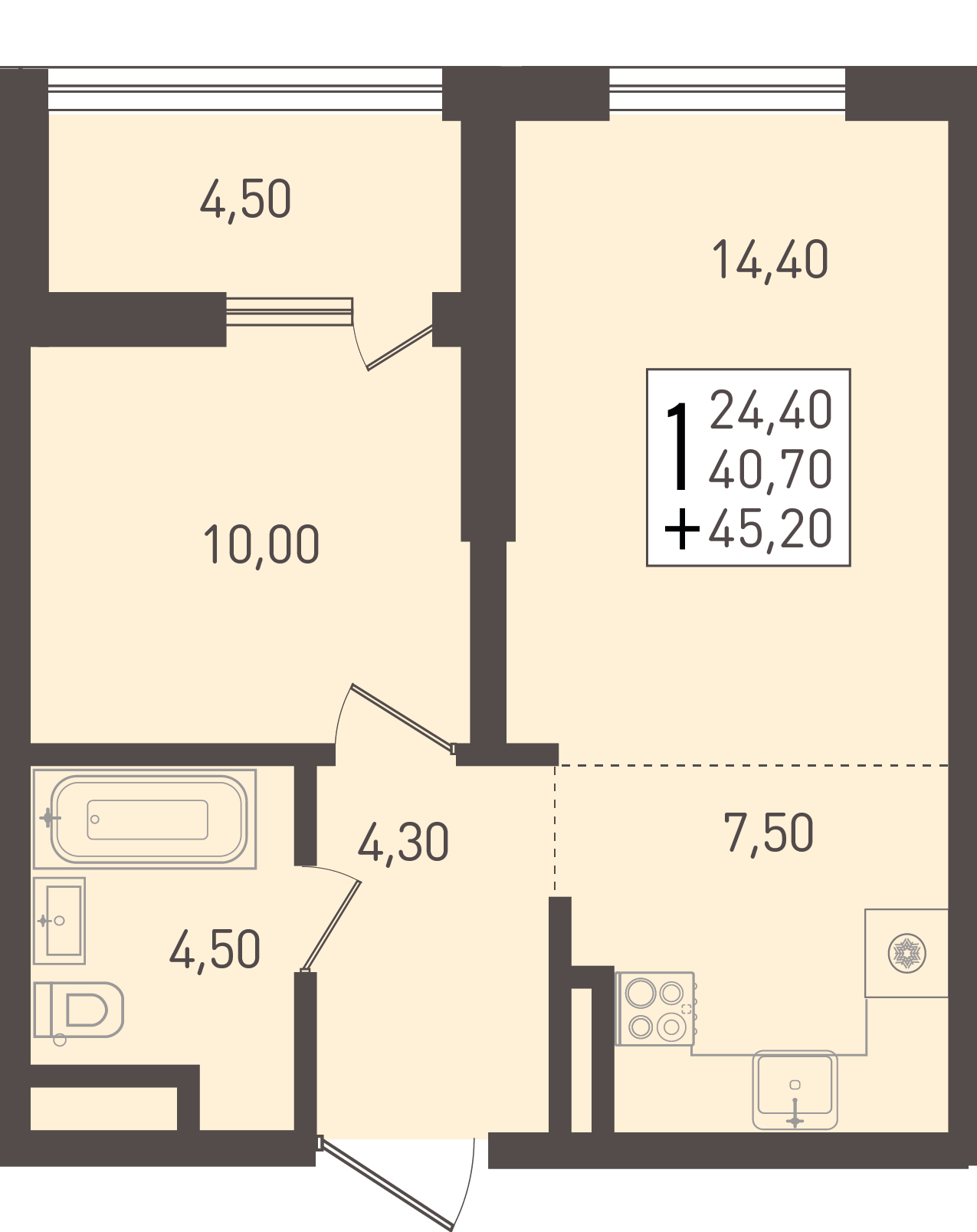 Планировка: 1-комн. квартира 45,2 м²