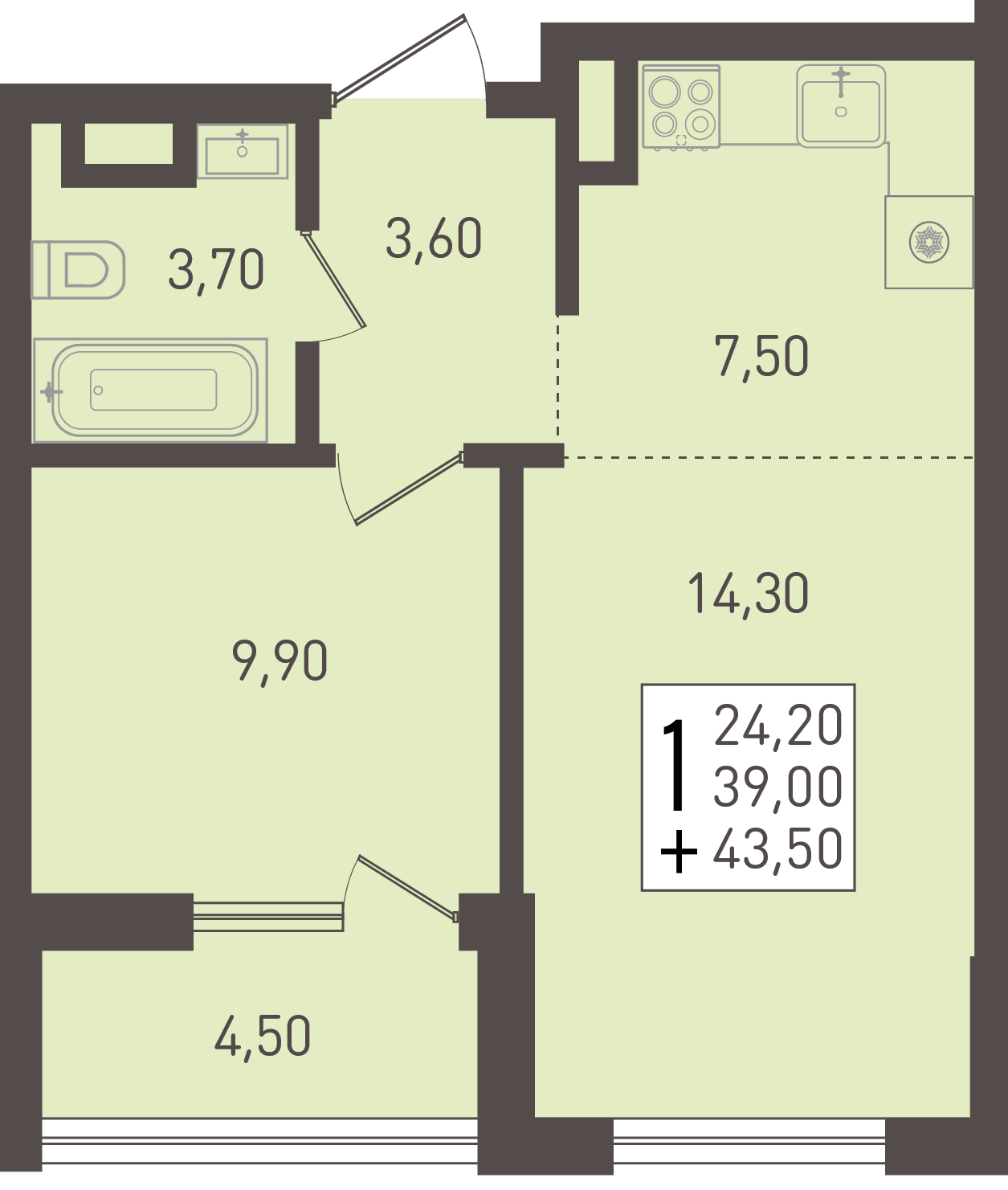 Планировка: 1-комн. квартира 43,5 м²