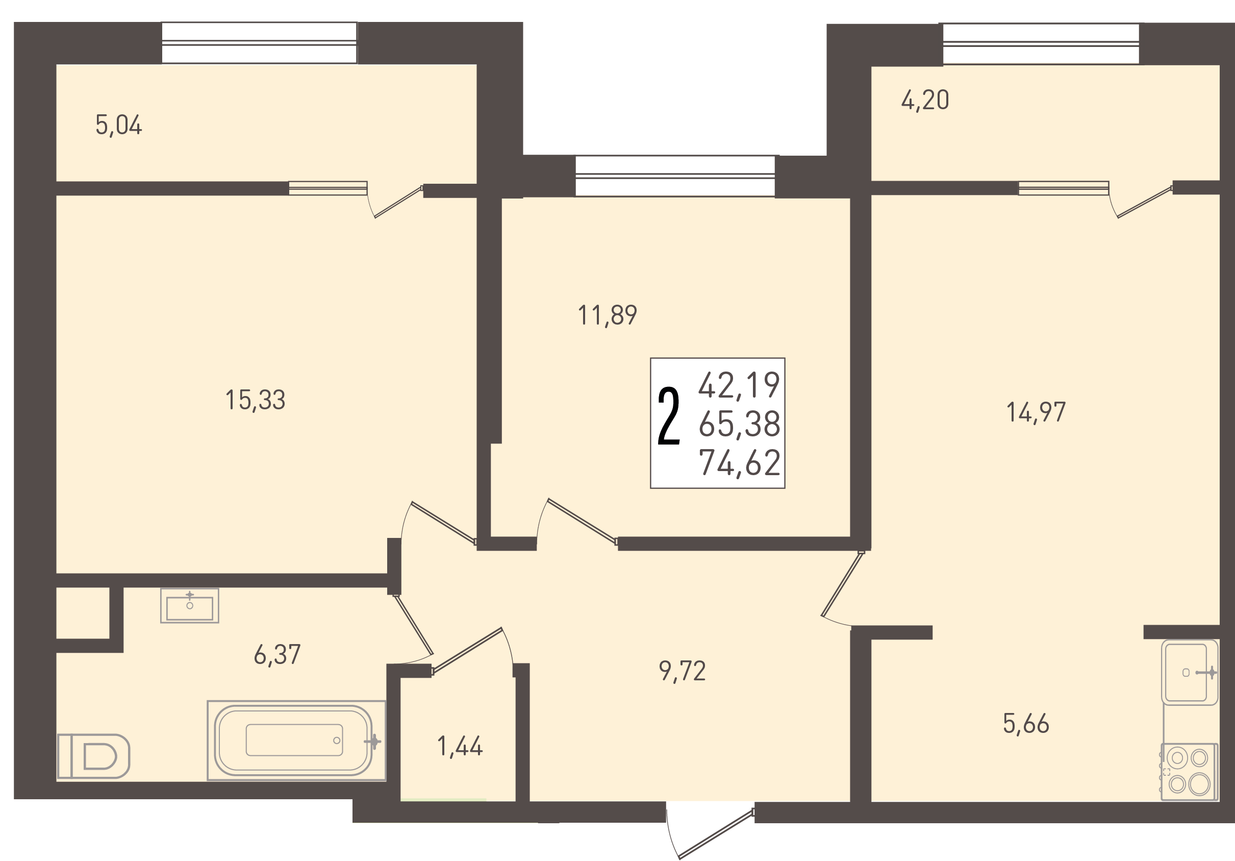 Планировка: 2-комн. квартира 74,6 м²