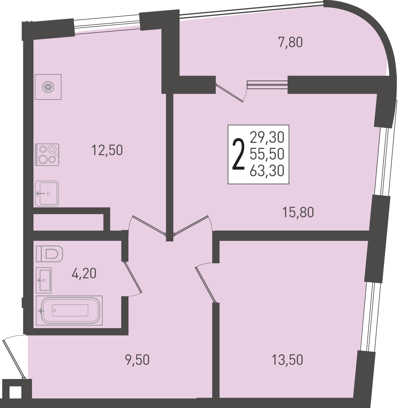 Планировка: 2-комн. квартира 63,3 м²