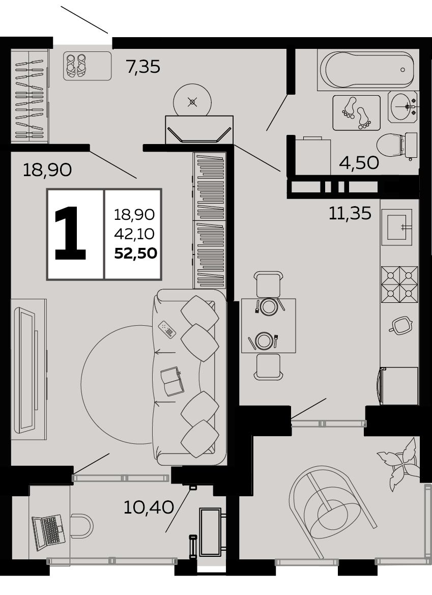 Планировка: 1-комн. квартира 52,5 м²