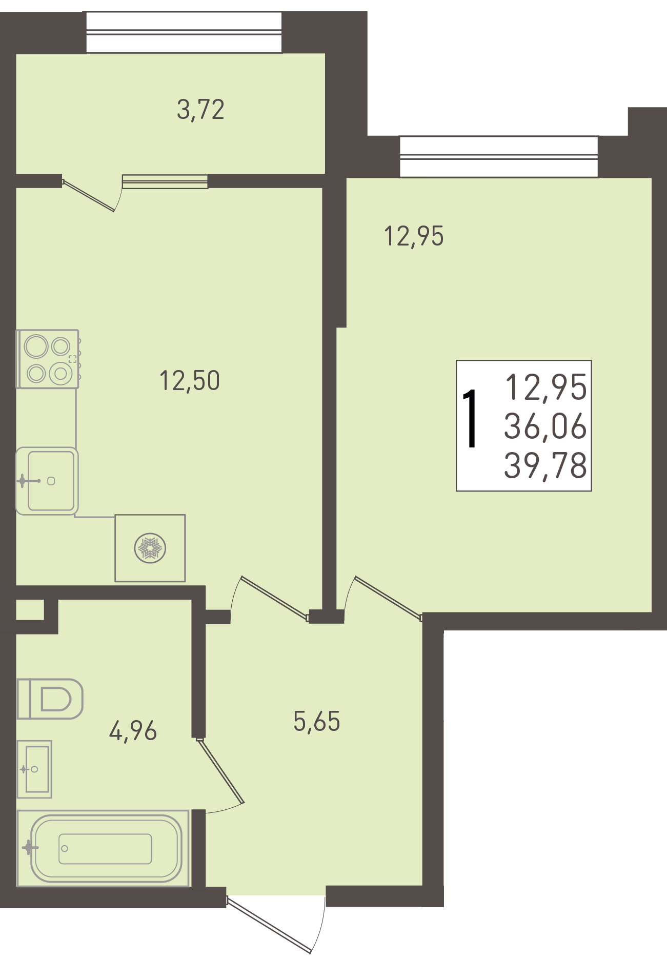 Планировка: 1-комн. квартира 39,8 м²