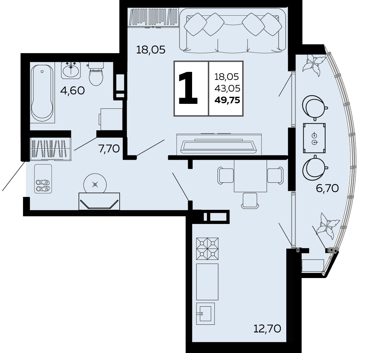 Планировка 1-комнатная 49,75 м²