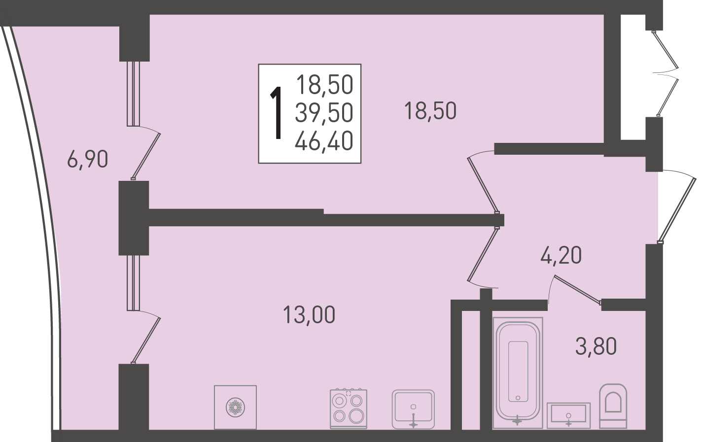 Планировка: 1-комн. квартира 46,4 м²