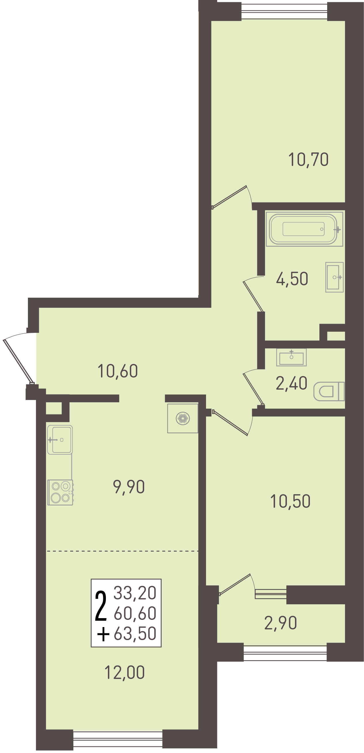 Планировка 2-комнатная 63,5 м²