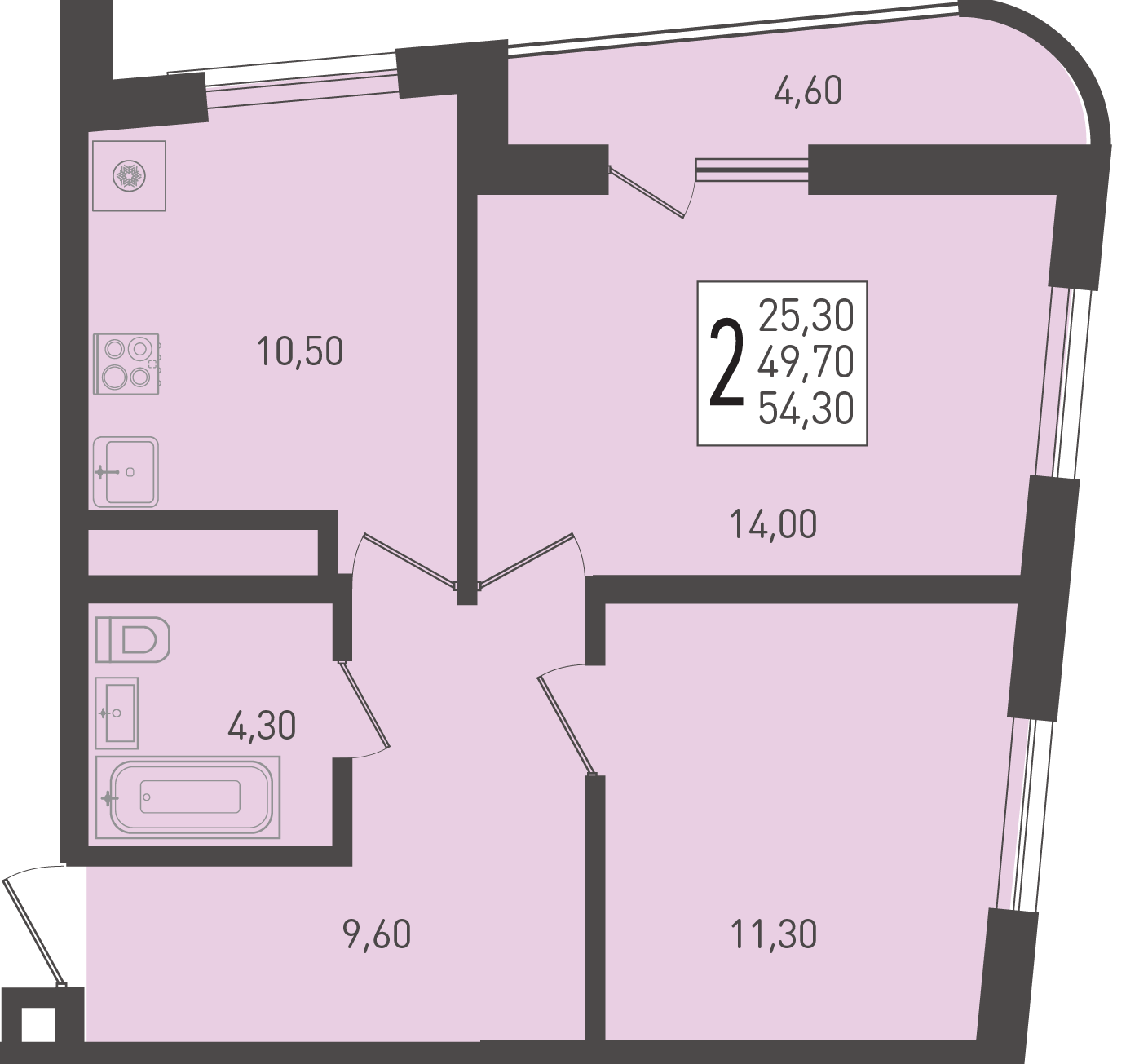 Планировка 2-комнатная 54,3 м²