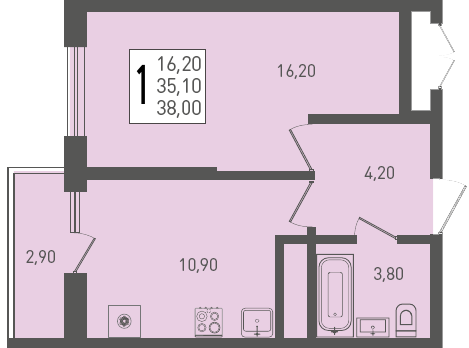 Планировка 1-комнатная 38 м²