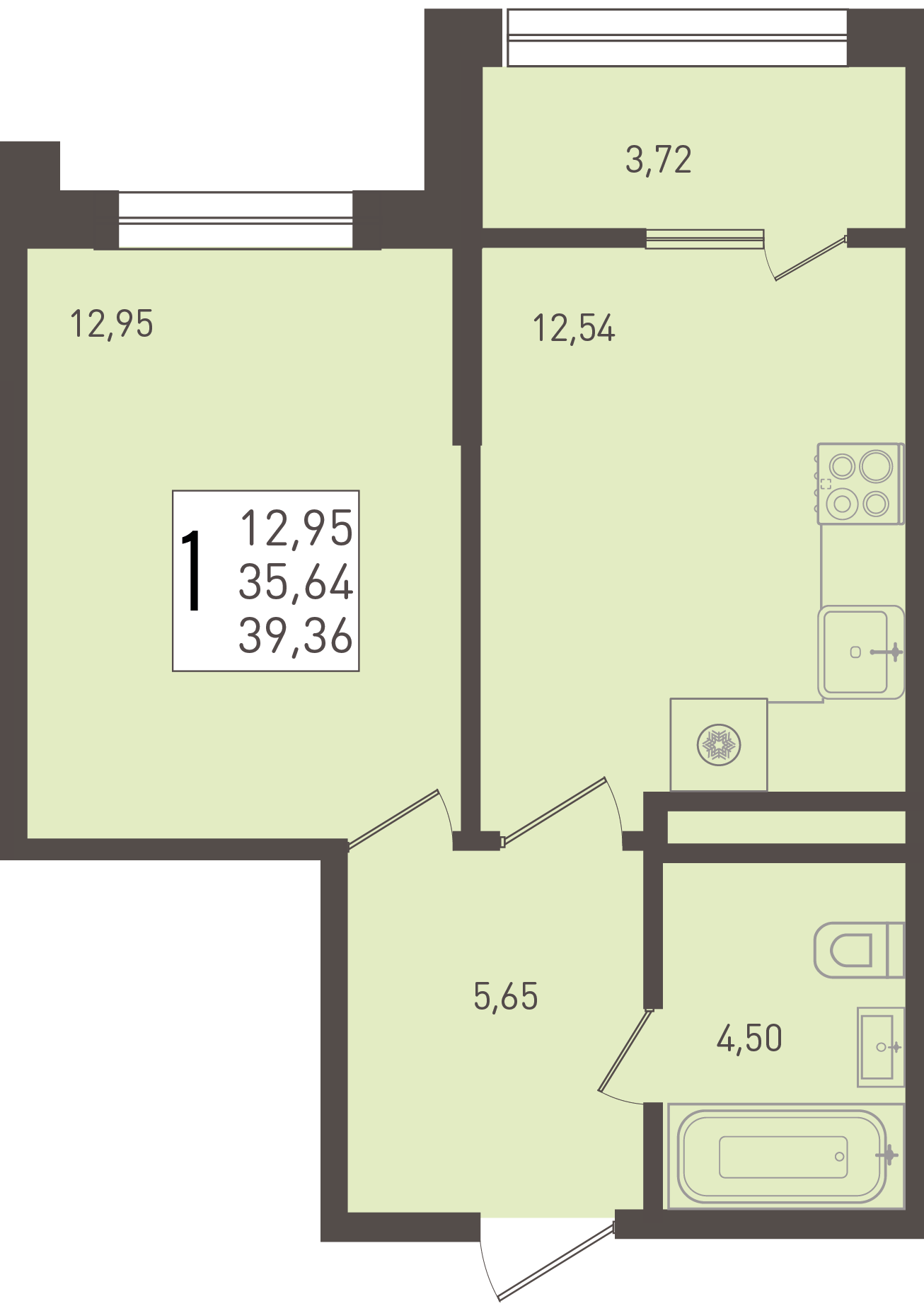 Планировка: 1-комн. квартира 39,4 м²