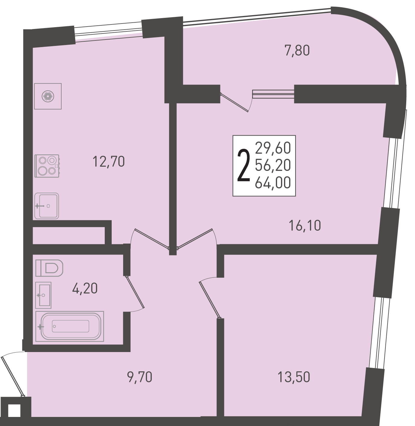Планировка 2-комнатная 64 м²