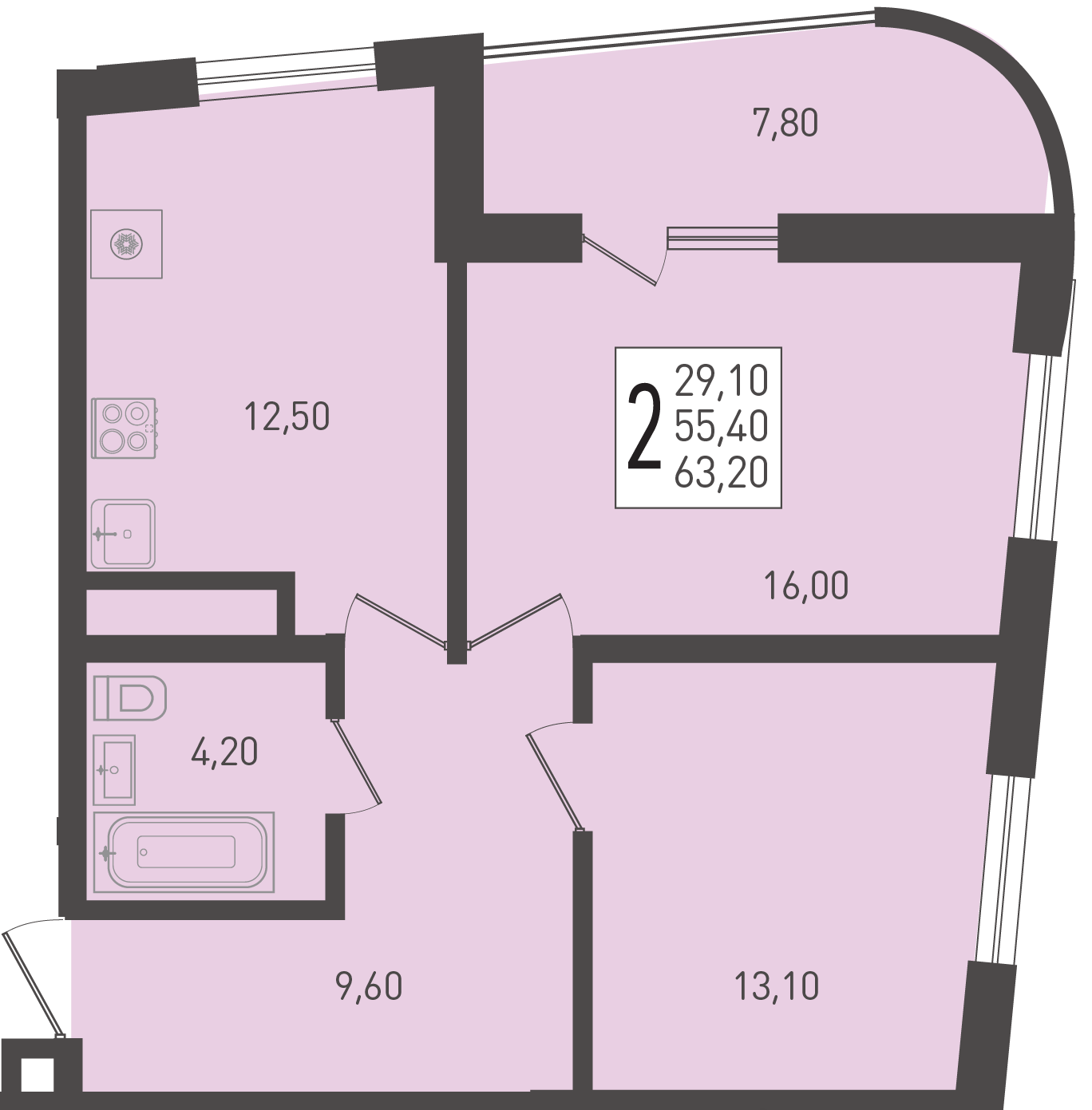 Планировка 2-комнатная 63,2 м²