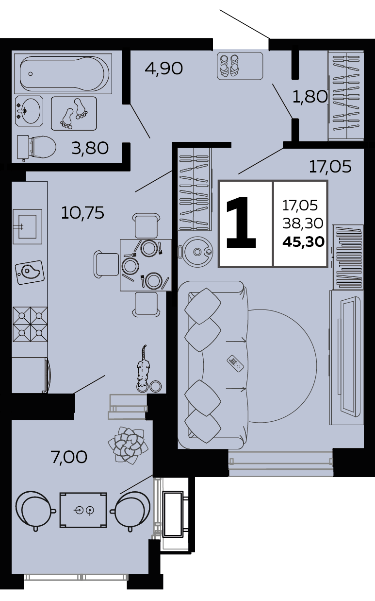Планировка: 1-комн. квартира 45,3 м²