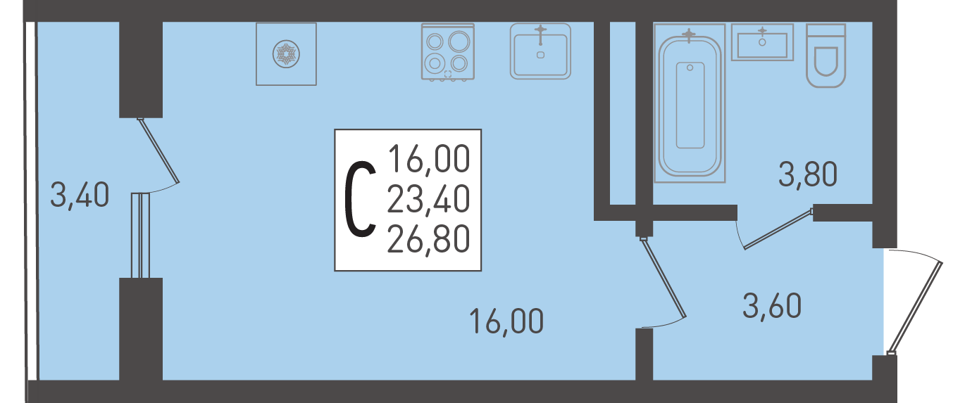 Планировка: Студия 26,8 м²
