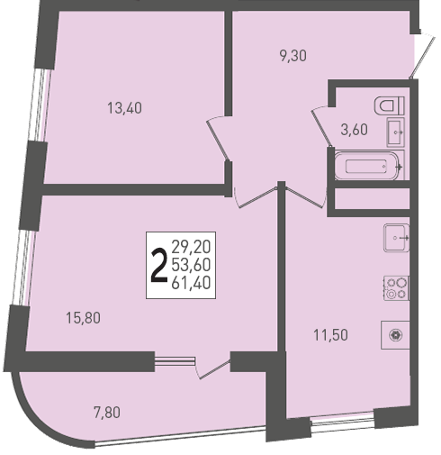 Планировка: 2-комн. квартира 61,4 м²