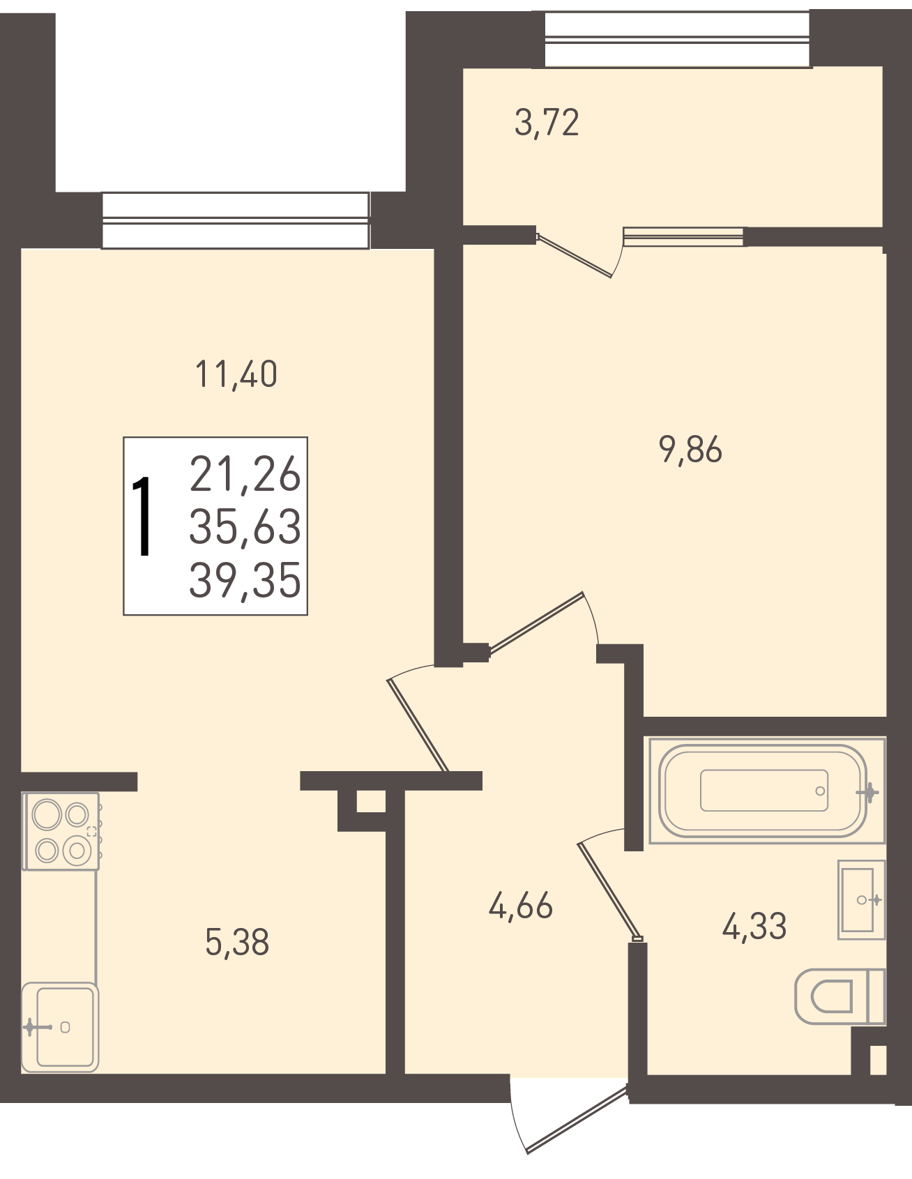 Планировка 1-комнатная 39,35 м²