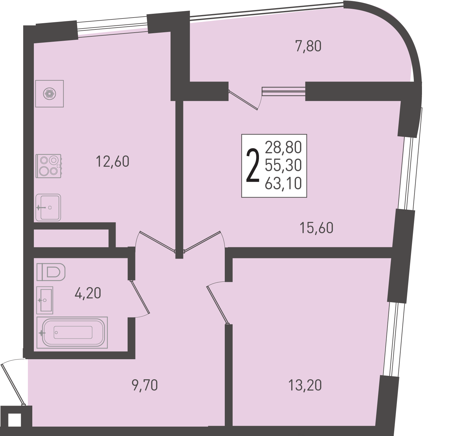 Планировка 2-комнатная 63,1 м²