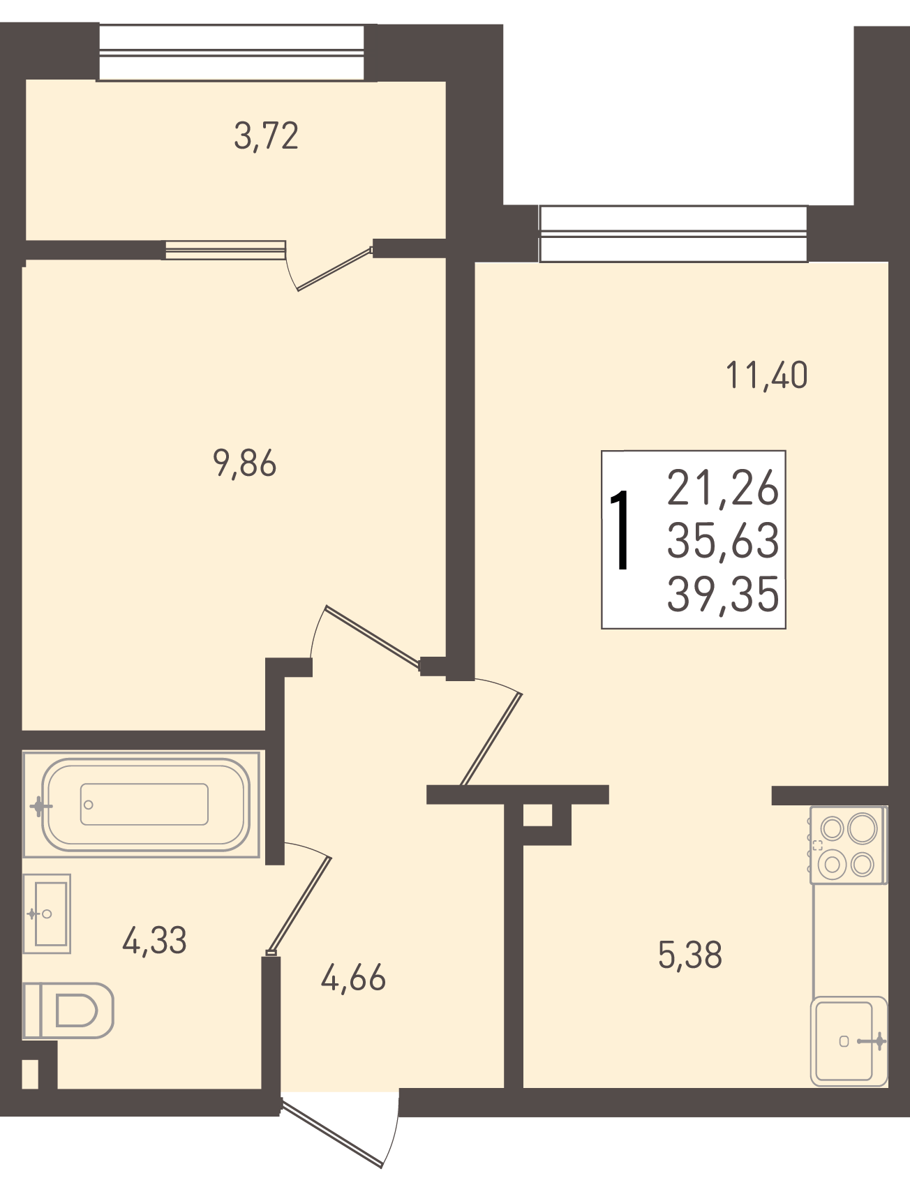 Планировка 1-комнатная 39,35 м²