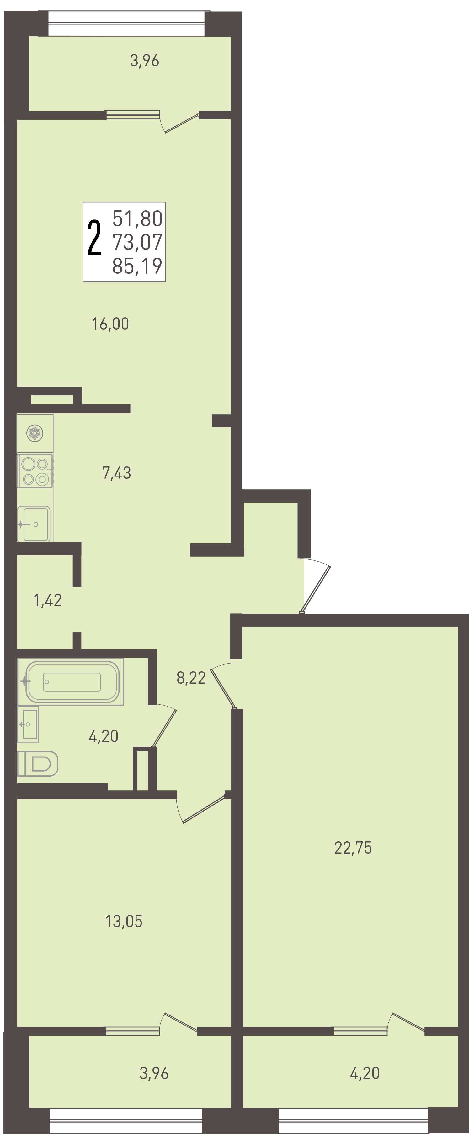 Планировка 2-комнатная 85,19 м²