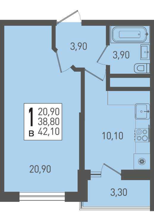 Планировка: 1-комн. квартира 42,1 м²