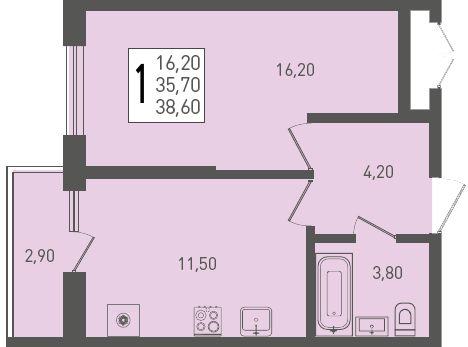 Планировка: 1-комн. квартира 38,6 м²