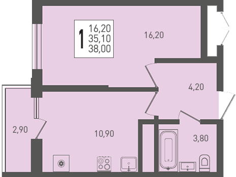 Планировка: 1-комн. квартира 38 м²