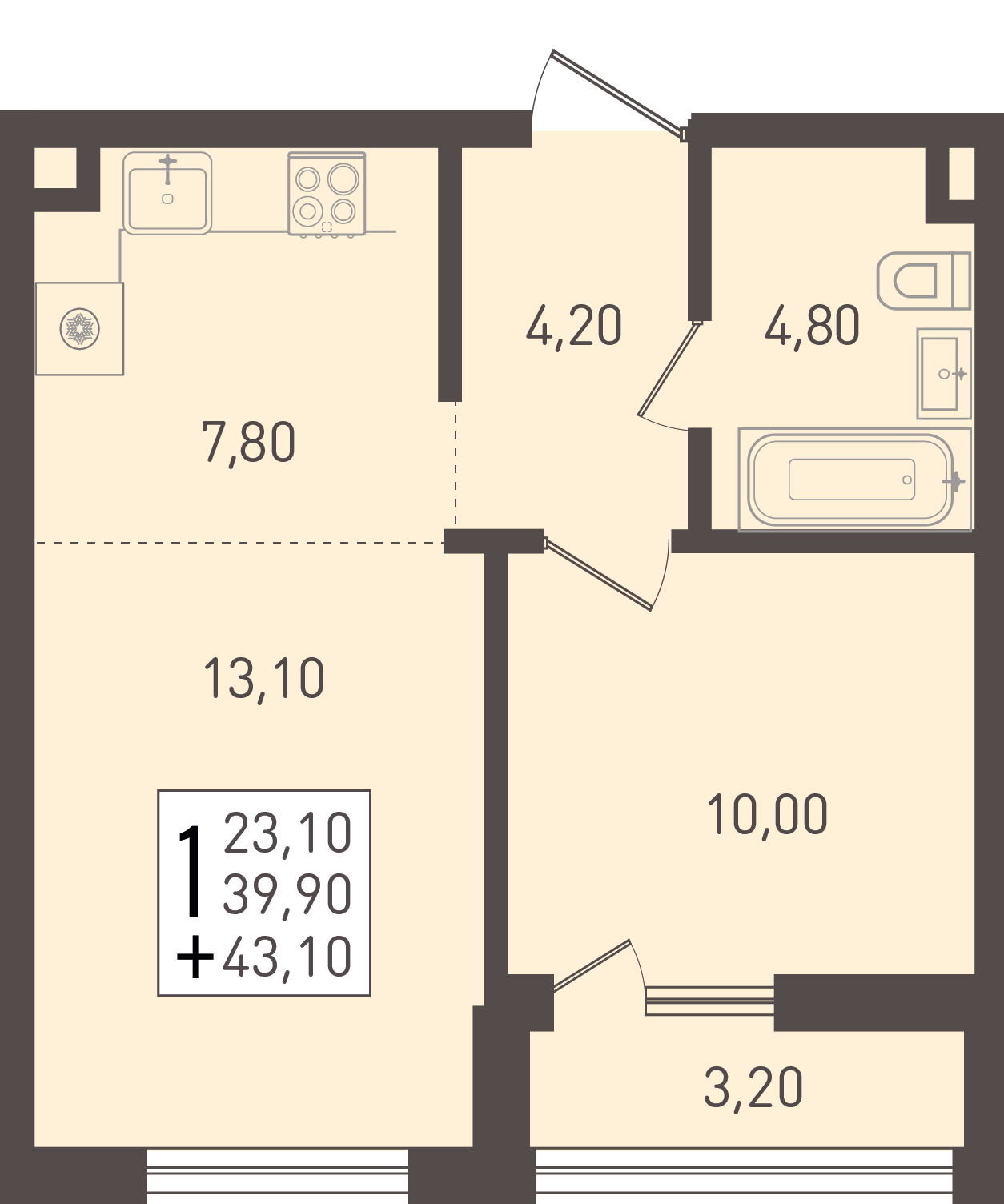 Планировка 1-комнатная 43,1 м²