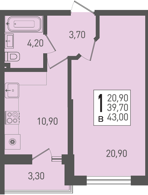 Планировка 1-комнатная 43 м²