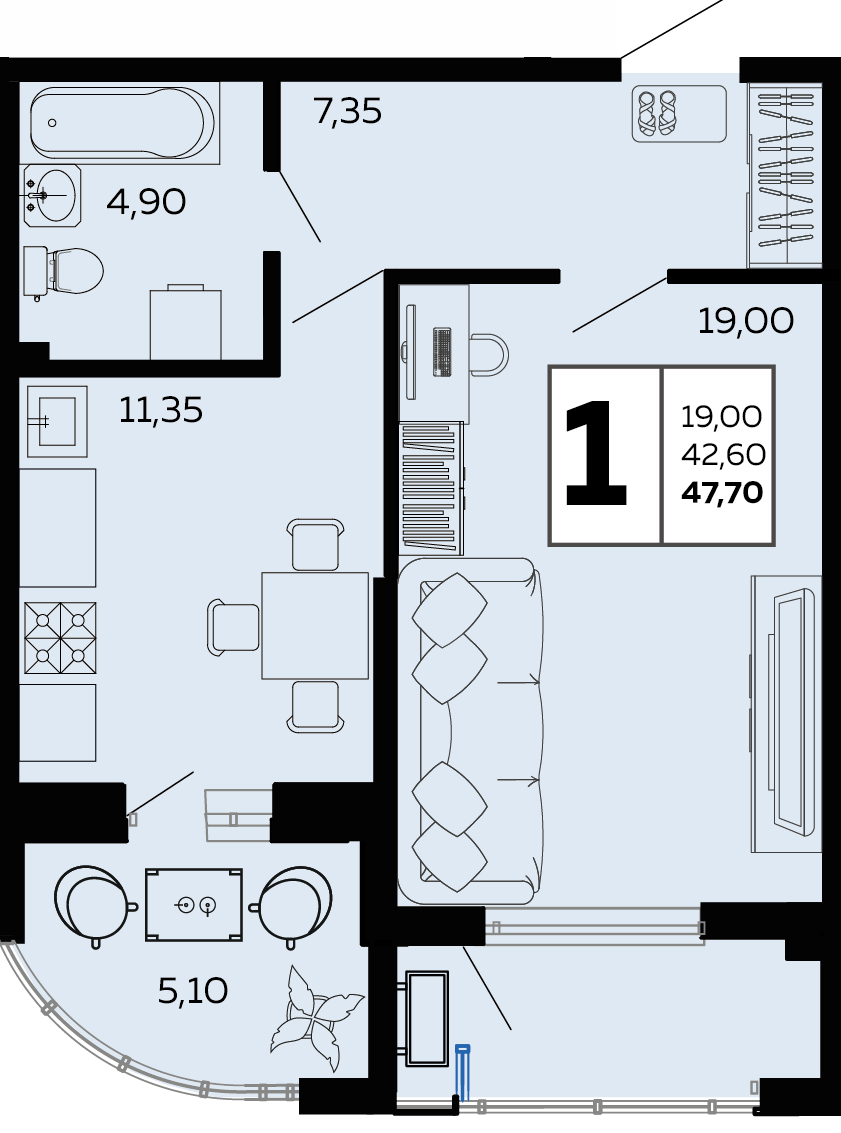Планировка: 1-комн. квартира 47,7 м²