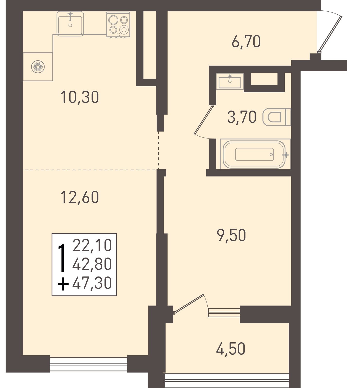 Планировка 1-комнатная 47,3 м²